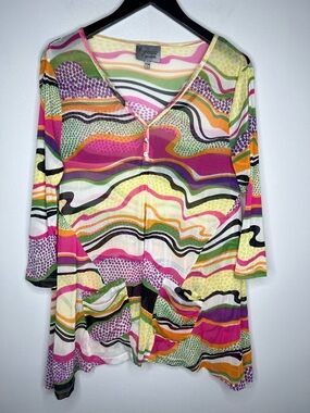 Lynn Ritchie Silver Top Womens L Abstract Mesh Art To Wear Y2K Sheer 3/4 Sleeve